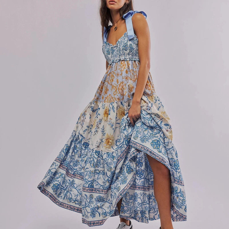 Boho Floral Maxi Dress – Vintage Ribbon Tie Summer A-Line Dress