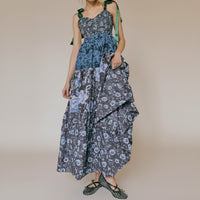 Boho Beach Hut Beach Dress, Chic Dress, Boho Dress, Summer Dress, Sun Dress, maxi dress, floral dress, sleeveless dress Vintage Floral Ribbon Tie Maxi Dress Dark Blue / S