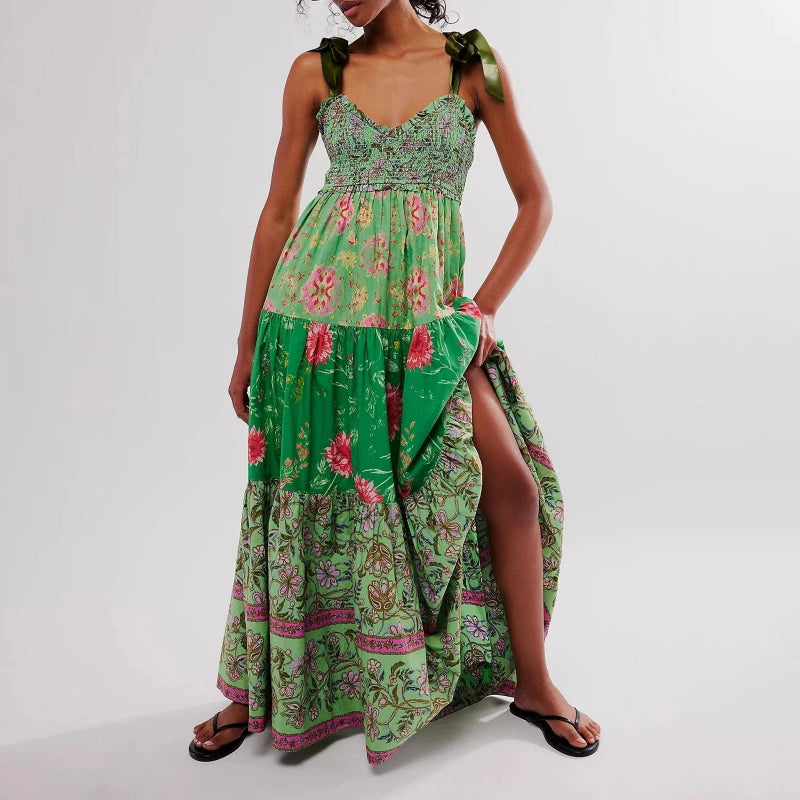 Boho Floral Maxi Dress – Vintage Ribbon Tie Summer A-Line Dress