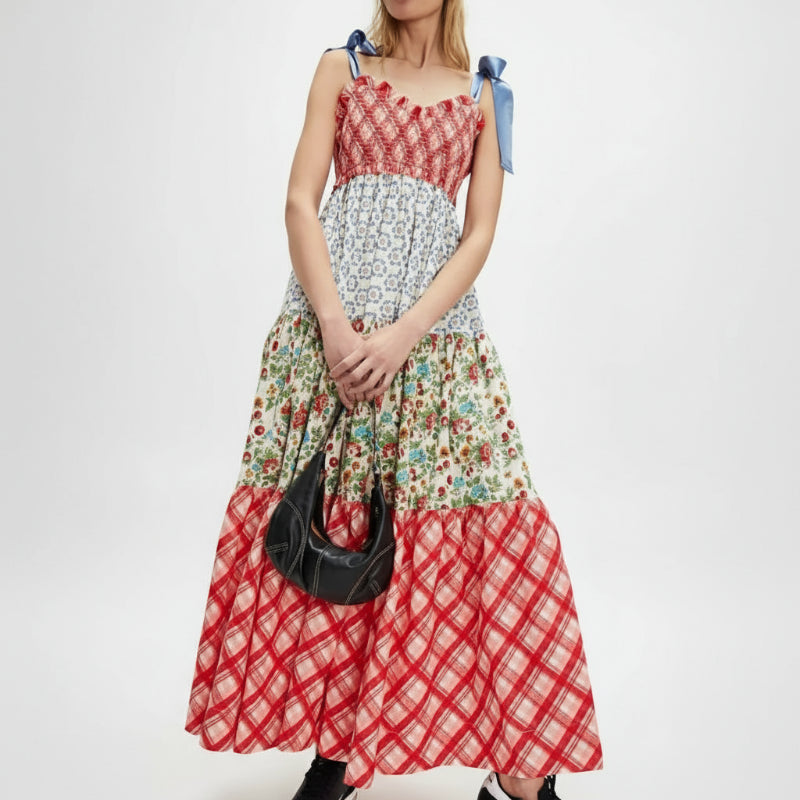 Boho Beach Hut Beach Dress, Chic Dress, Boho Dress, Summer Dress, Sun Dress, maxi dress, floral dress, sleeveless dress Vintage Floral Ribbon Tie Maxi Dress Red / S