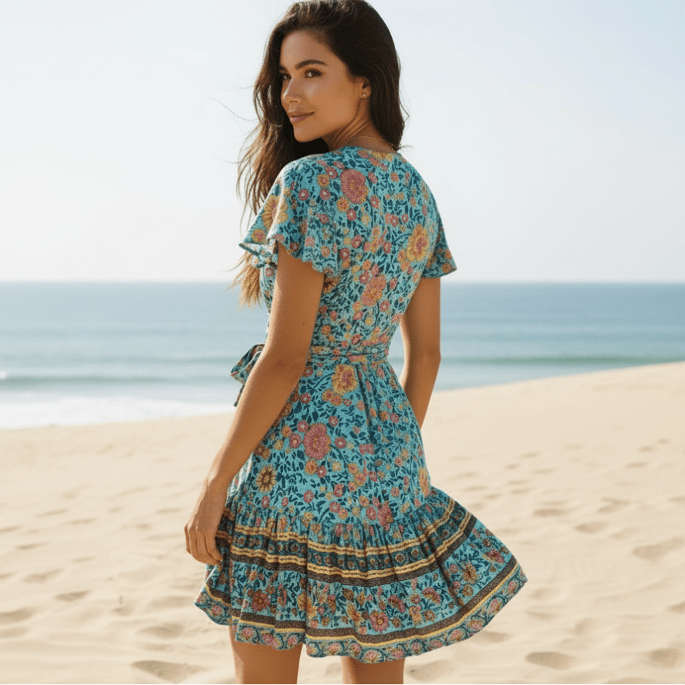 Green Boho Floral Mini Dress  Wrap Style V-Neck A-Line Summer Dress in Green | Women's Boho Fashion | XL | Polyester