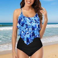 Boho Beach Hut Bikinis, Swimwear, Swimsuit Sexy Floral Ruffle Bikini Set Blue / S