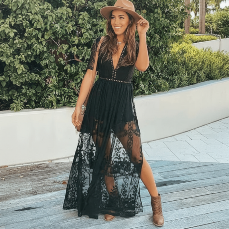 Black Boho Lace Maxi Dress – Hollow Out Summer Embroidered Dress - Main Image