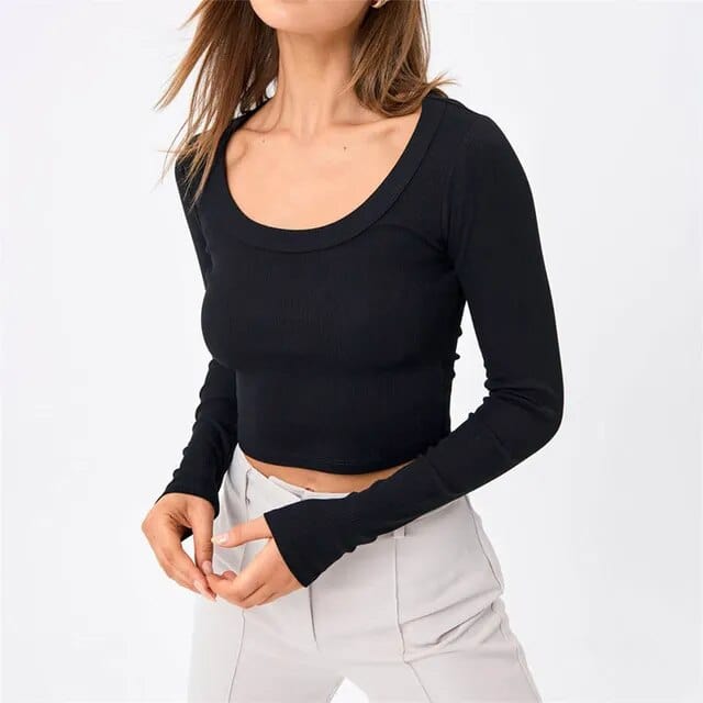 Women's Crop Tops Basic Stretchy Scoop Neck Long Sleeve T-Shirt