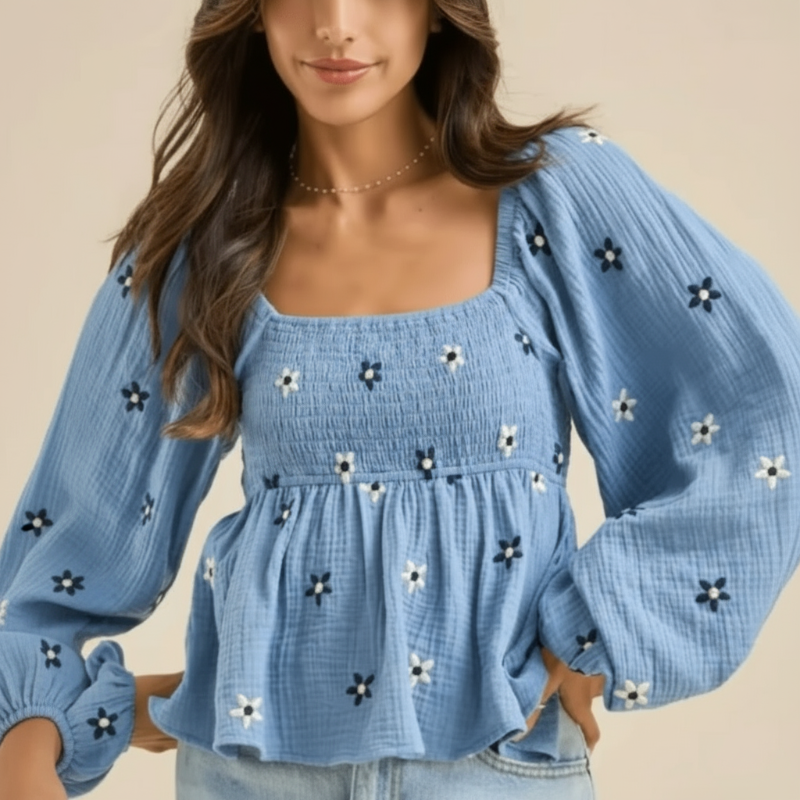 Boho Beach Hut Blouse, Long Sleeve Top Boho Floral Print Peplum Top Blue / S