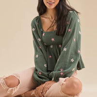 Boho Beach Hut Blouse, Long Sleeve Top Boho Floral Print Peplum Top Green / S