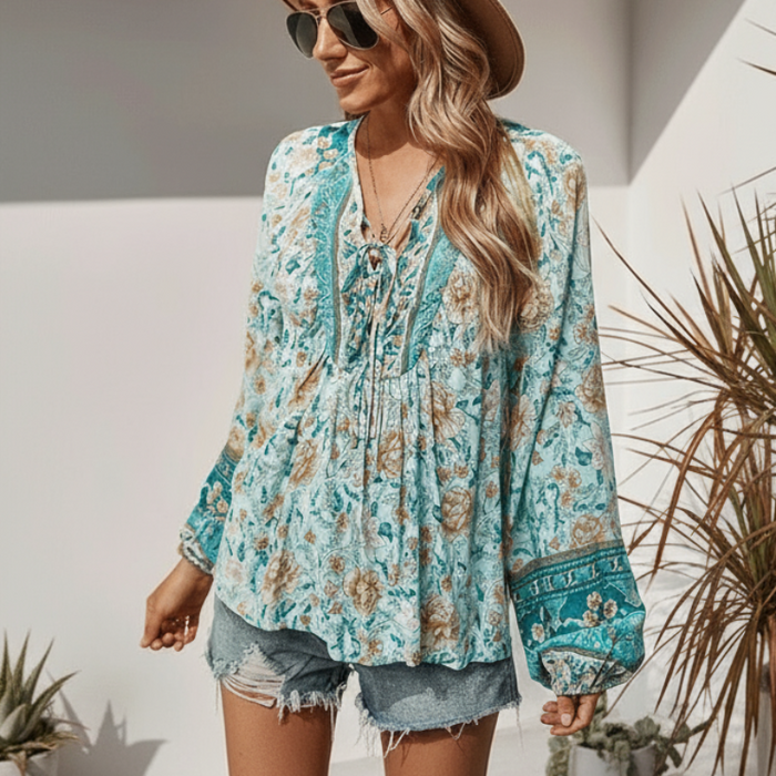 Boho Beach Hut Blouses & Shirts Boho Chic Floral Blouse Green / S