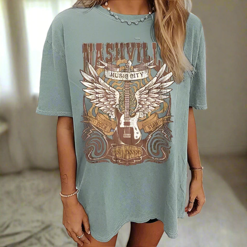 Boho Beach Hut Blouses & Shirts Country Music Nashville Print Shirt Green / S