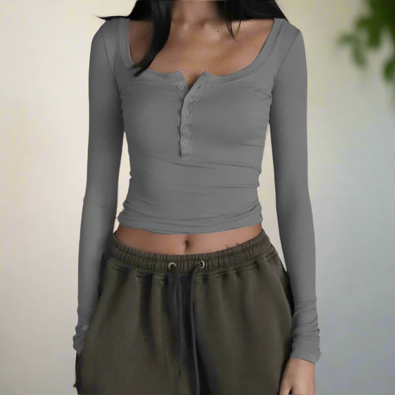 Boho Beach Hut Blouses & Shirts Slim Fit Ribbed Long Sleeve Shirt Gray / S