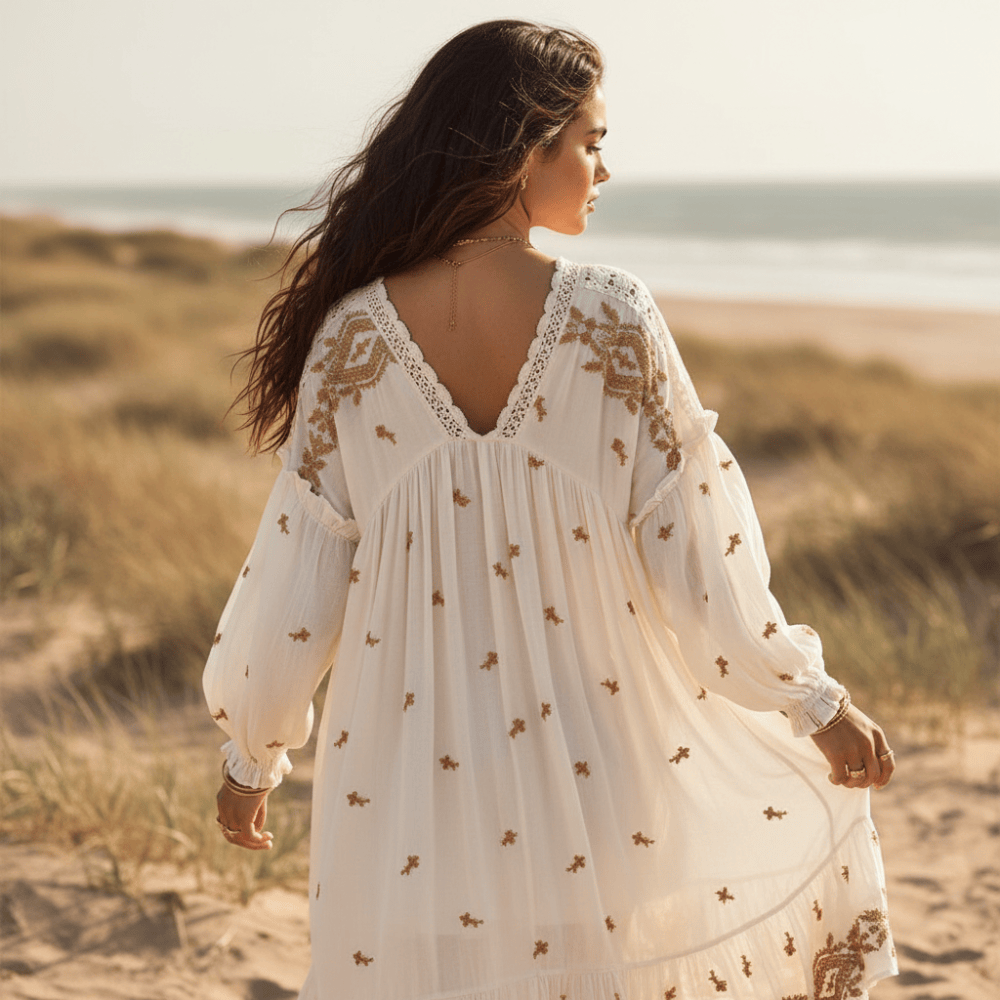 Boho Vintage Midi Dress – Embroidered Cotton Linen V-Neck Dress – Boho  Beach Hut