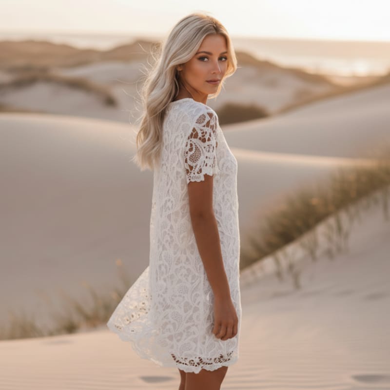 White Boho Lace Summer Dress – Short Sleeve Loose Cotton Mini Dress