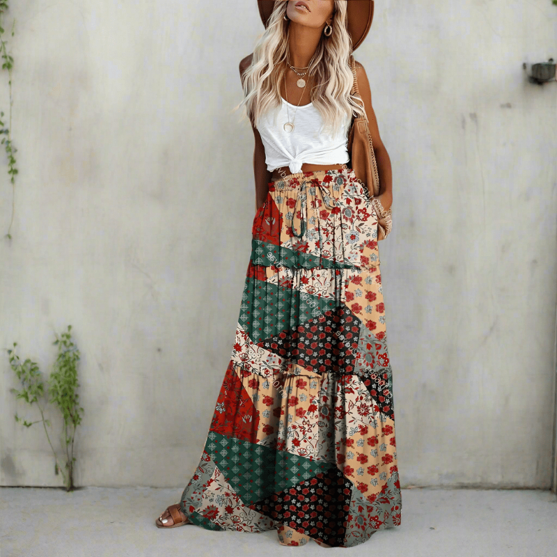 Boho Beach Hut Boho Skirt, Maxi Skirt Bohemian Floral Patchwork Maxi Skirt Red / S