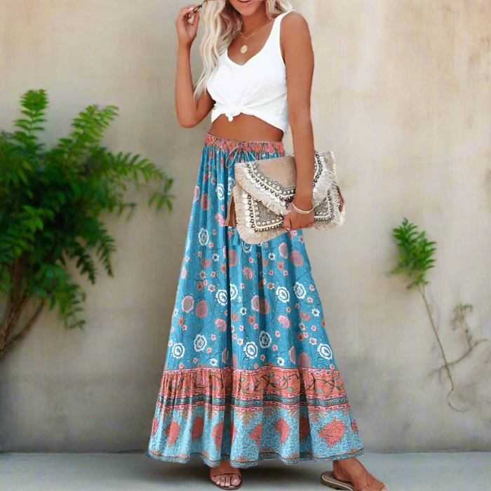 Boho Beach Hut Boho Skirt, Maxi Skirt Boho Chic Floral Maxi Skirt Blue / S