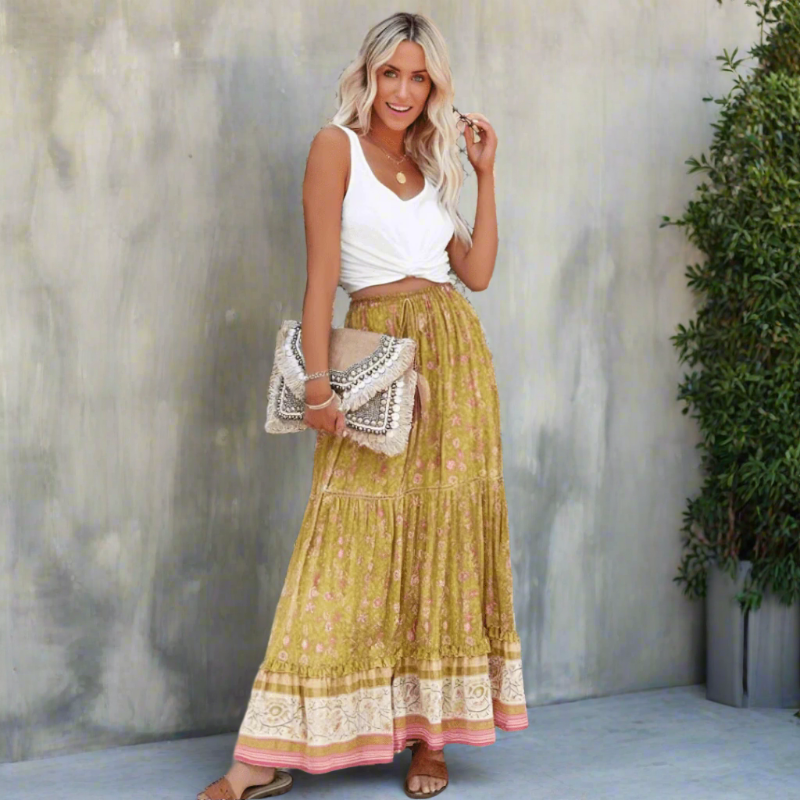 Yellow Floral Boho Maxi Skirt – Flowy Feminine Lace Up Waist