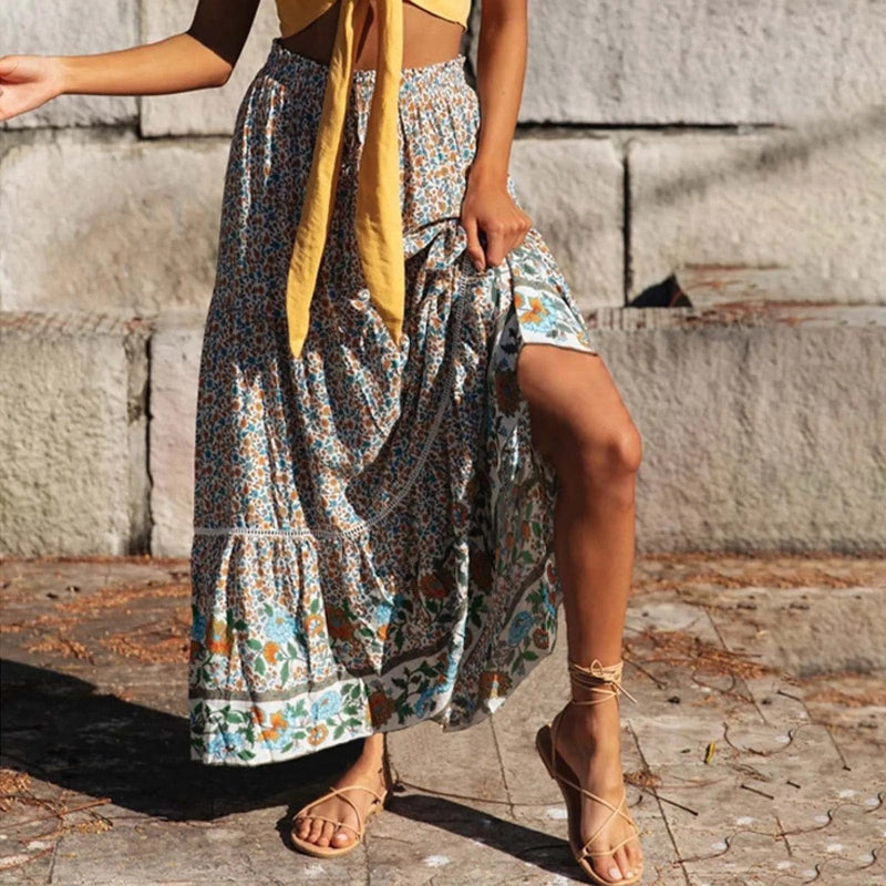 Bohemian Floral Print High Waist Maxi Skirt – Free-Spirited Boho