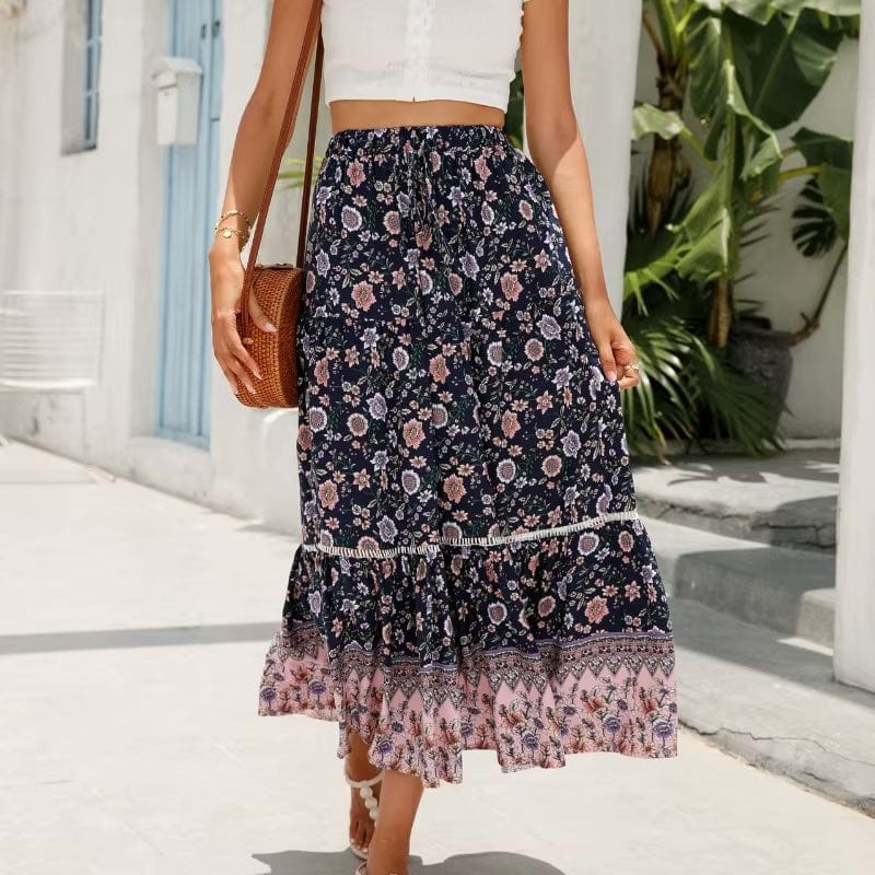 Boho Beach Hut Boho Skirt, Maxi Skirt, Flowy Maxi Skirt Boho High Waist Floral Print Maxi Skirt Dark Blue / S