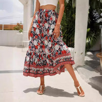 Boho Beach Hut Boho Skirt, Maxi Skirt, Flowy Maxi Skirt Boho High Waist Floral Print Maxi Skirt Red / S