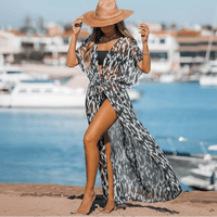 Boho Beach Hut Cover up, Kimono, Plus Size Leopard Print Kimono Bikini Cover Up Black / One Size