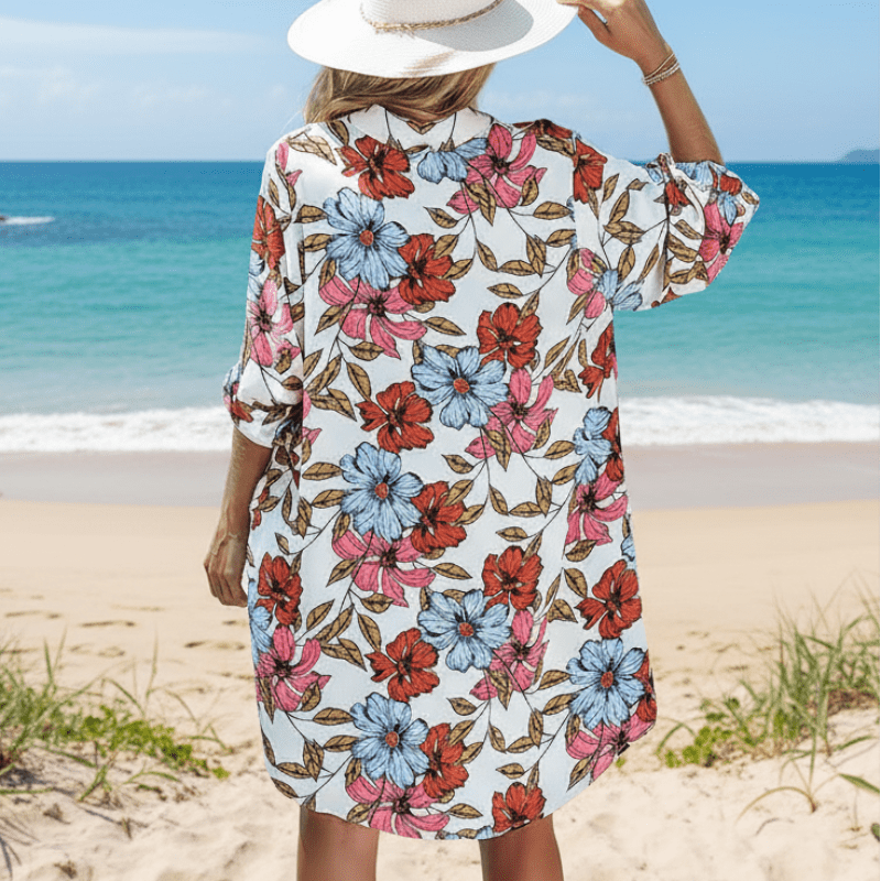 Boho Beach Hut Cover Up, Plus Size Cover Up Bohemian Floral Button Up Bikini Cover Up