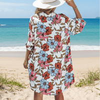 Boho Beach Hut Cover Up, Plus Size Cover Up Bohemian Floral Button Up Bikini Cover Up