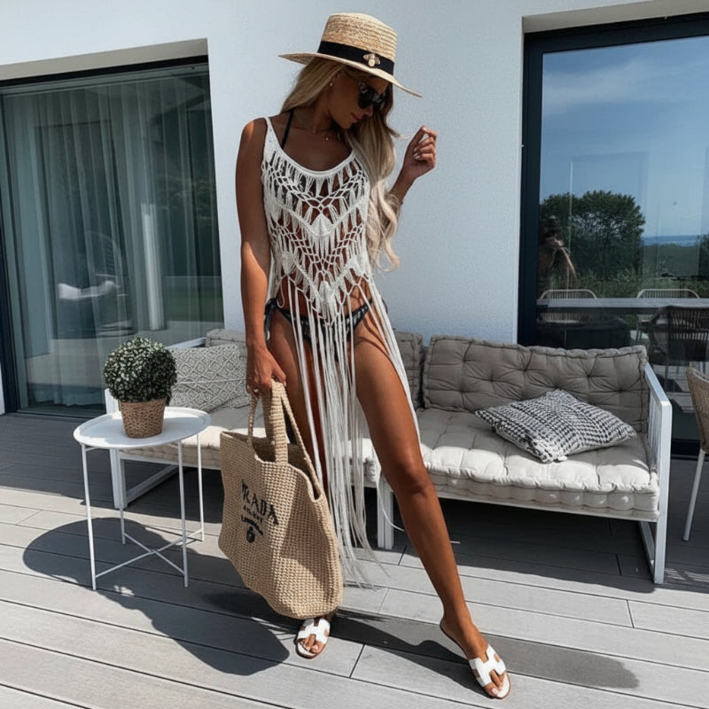 Boho Beach Hut Cover up White / One Size Boho Crochet Swimsuit Cover Up