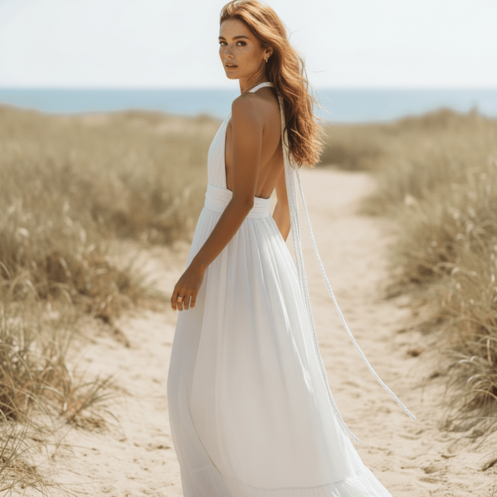 Boho Backless Maxi Dress Halter Deep V Neck Summer Dress in White | Women's Boho Fashion | One Size | Cotton Boho Backless Maxi Dress Halter Deep V Neck Summer Dress in White | Women's Boho Fashion | One Size | Cotton