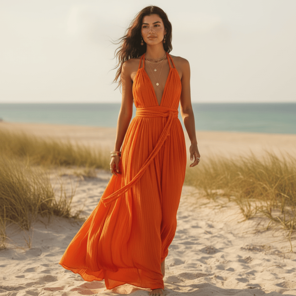 Boho Backless Maxi Dress – Halter Deep V Neck Summer Dress in White | Women's Boho Fashion | One Size