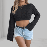 Boho Beach Hut Crop Top, Long Sleeve Shirt Flare Sleeved Hollow Boho Knit Crop Top Black / S