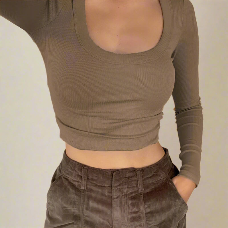 Boho Beach Hut Crop Top, Long Sleeve Shirt Long Sleeve Crop Top Brown / S