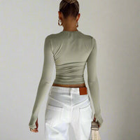 Boho Beach Hut Crop Top, Long Sleeve Shirt Long Sleeve Slim Fit Crop Top with Thumb Holes