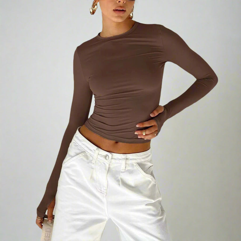 Boho Beach Hut Crop Top, Long Sleeve Shirt Long Sleeve Slim Fit Crop Top with Thumb Holes Brown / S
