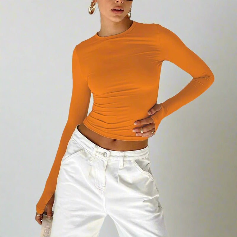 Boho Beach Hut Crop Top, Long Sleeve Shirt Long Sleeve Slim Fit Crop Top with Thumb Holes Orange / S