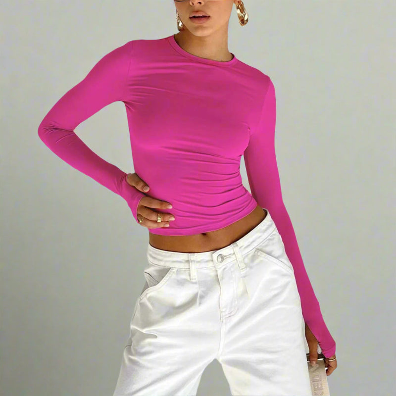 Boho Beach Hut Crop Top, Long Sleeve Shirt Long Sleeve Slim Fit Crop Top with Thumb Holes Pink / S