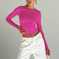 Boho Beach Hut Crop Top, Long Sleeve Shirt Long Sleeve Slim Fit Crop Top with Thumb Holes Pink / S
