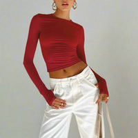 Boho Beach Hut Crop Top, Long Sleeve Shirt Long Sleeve Slim Fit Crop Top with Thumb Holes Red / S