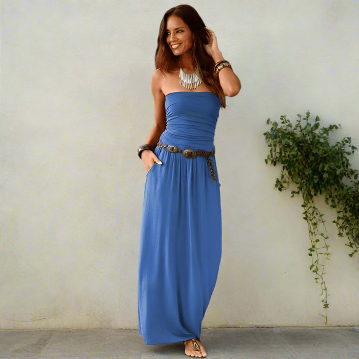 Boho Beach Hut Dress, Maxi Dress Blue / S Boho Chic Bandeau Off Shoulder Maxi Dress