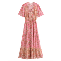 Boho Beach Hut Dress, Maxi Dress Bohemian Floral Print Long Dress