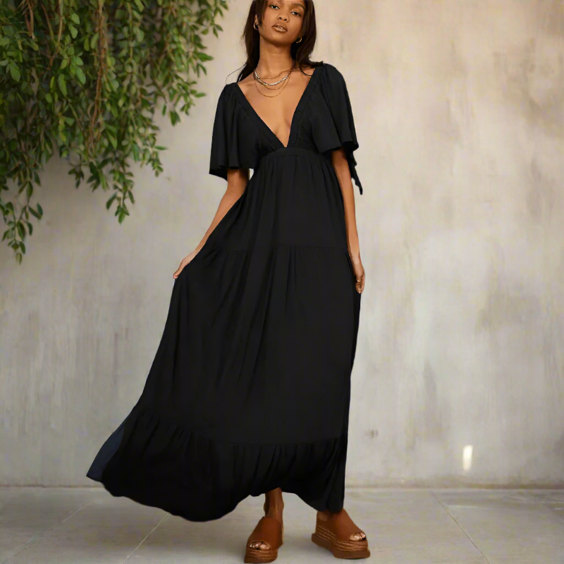 Boho Beach Hut Dress, Maxi Dress Boho V-Neck Backless Dress Black / S