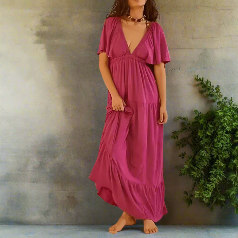 Boho Beach Hut Dress, Maxi Dress Boho V-Neck Backless Dress Dark Pink / S