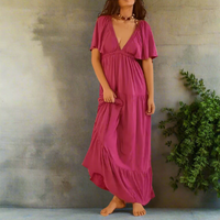 Boho Beach Hut Dress, Maxi Dress Boho V-Neck Backless Dress Dark Pink / S