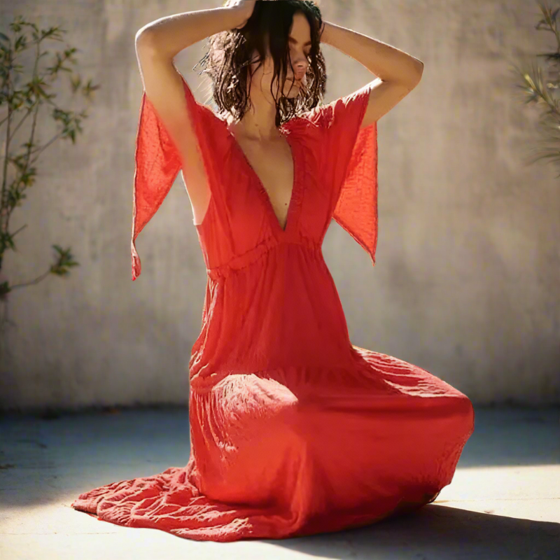 Boho Beach Hut Dress, Maxi Dress Boho V-Neck Backless Dress Red / S