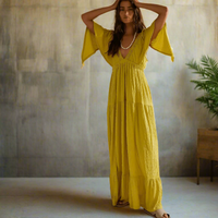 Boho Beach Hut Dress, Maxi Dress Boho V-Neck Backless Dress Yellow / S