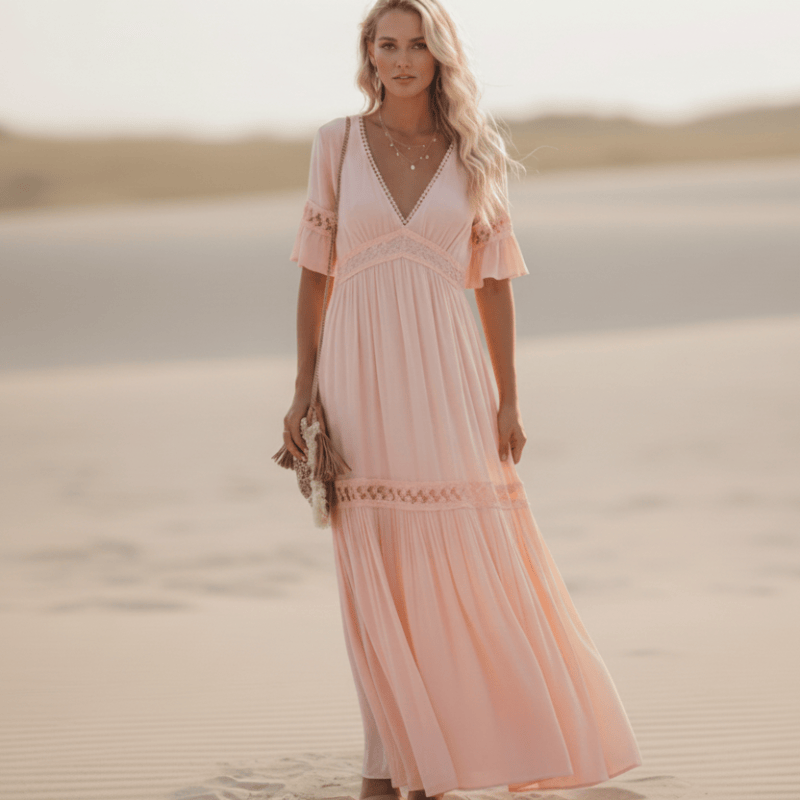 White Lace Boho Maxi Dress High Waist V-Neck with Ruffle Sleeves Boho Beach Hut White Lace Boho Maxi Dress High Waist V-Neck with Ruffle Sleeves Boho Beach Hut