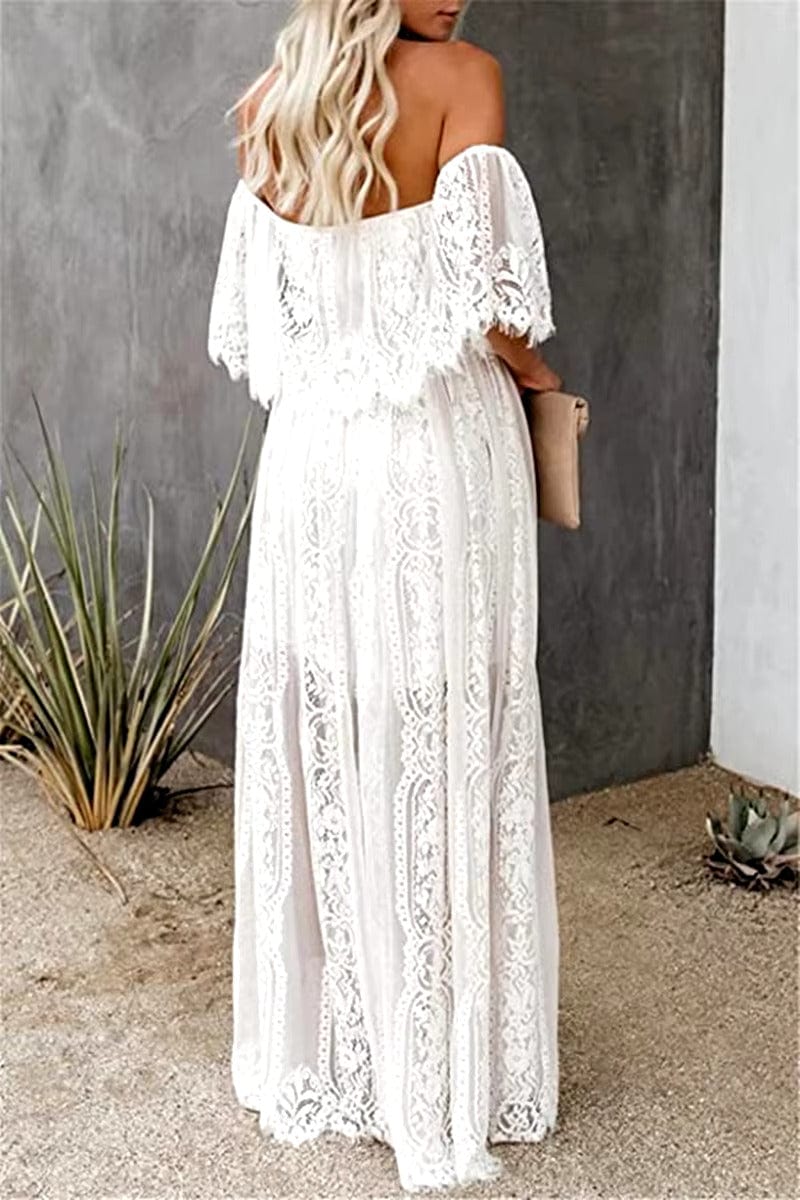 White Boho Off Shoulder Lace Maxi Dress