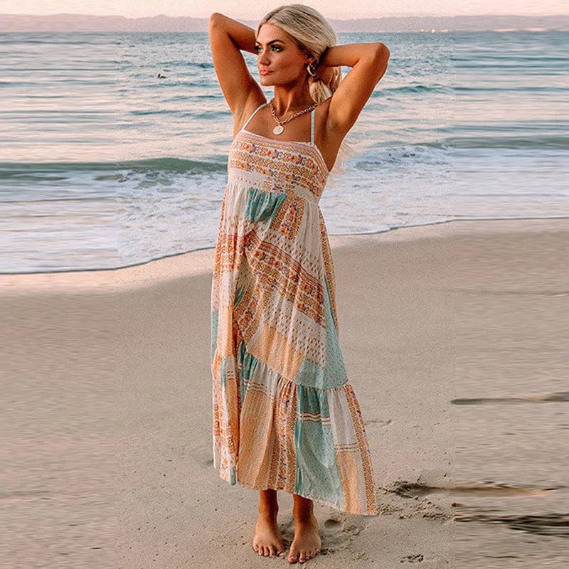 Boho Beach Sundress Patchwork Sleeveless Spaghetti Straps Pink L at Boho Beach Hut