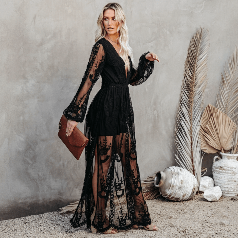 Black Boho Lace Maxi Dress – V-Neck A-Line Ankle Length Dress