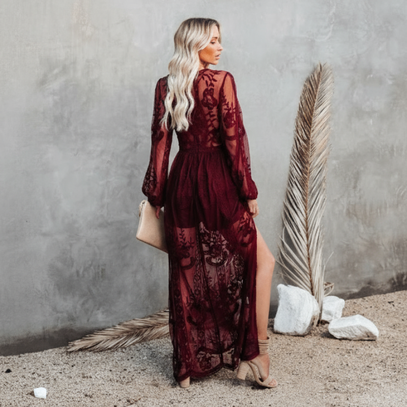 Boho Beach Hut Dresses, Maxi Dress, Red Maxi Dress Boho Red Lace Maxi Dress