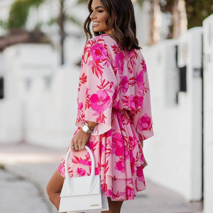 Boho Beach Hut Dresses, Mini Dress, Summer Dress Pink Boho Floral Mini Dress
