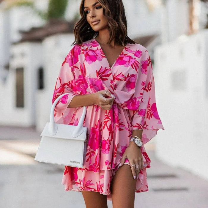 Boho Beach Hut Dresses, Mini Dress, Summer Dress Pink Boho Floral Mini Dress Pink / S