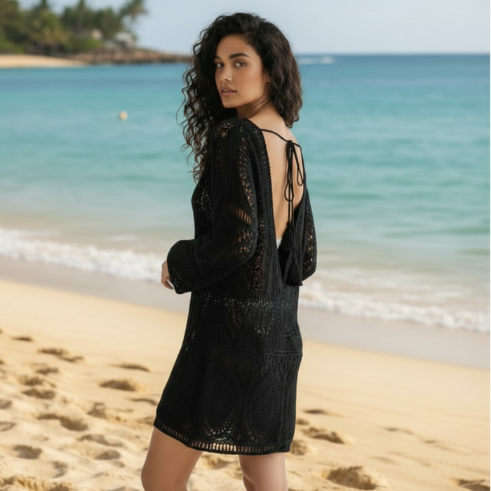 Boho Beach Hut Dresses, Mini Dress, White Beach Dress White Lace Sexy Backless Mini Dress Black / S